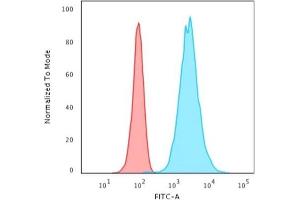 Flow Cytometric Analysis of HeLa cells using CK18 Rabbit Recombinant Monoclonal Antibody (KRT18/2808R) followed by Goat anti-rabbit IgG-CF488 (Blue); Isotype Control (Red).