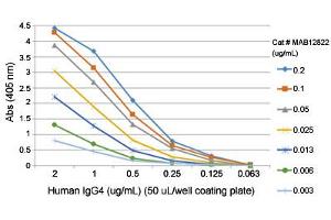 ELISA analysis of Human IgG4 (Fc) monoclonal antibody, clone RM217  at the following concentrations: 0. (Rabbit anti-Human Immunoglobulin Heavy Constant gamma 4 (G4m Marker) (IGHG4) (Fc Region) Antibody (Biotin))