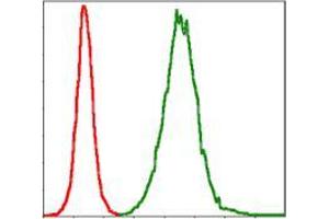 Flow cytometric analysis of NIH/3T3 cells using TNNI2 mouse mAb (green) and negative control (red). (TNNI2 antibody)