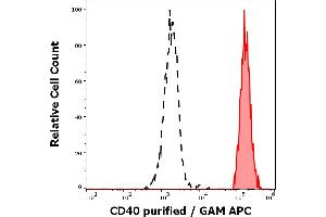 Separation of human CD40 positive lymphocytes (red-filled) from neutrophil granulocytes (black-dashed) in flow cytometry analysis (surface staining) of human peripheral whole blood stained using anti-human CD40 (HI40a) purified antibody (concentration in sample 0. (CD40 antibody)