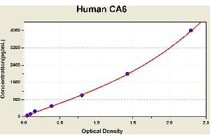Diagramm of the ELISA kit to detect Human CA6with the optical density on the x-axis and the concentration on the y-axis.