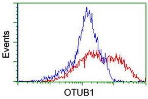 HEK293T cells transfected with either RC210648 overexpress plasmid (Red) or empty vector control plasmid (Blue) were immunostained by anti-OTUB1 antibody (ABIN2455953), and then analyzed by flow cytometry. (OTUB1 antibody)