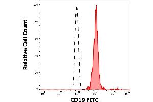 Separation of human CD19 positive lymphocytes (red-filled) from neutrophil granulocytes (black-dashed) in flow cytometry analysis (surface staining) of human peripheral whole blood stained using anti-human CD19 (4G7) FITC antibody (20 μL reagent / 100 μL of peripheral whole blood). (CD19 antibody  (FITC))