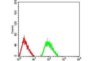 Flow cytometric analysis of SK-N-SH cells using GRIN3B mouse mAb (green) and negative control (red). (GRIN3B antibody  (AA 135-276))