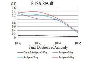 Black line: Control Antigen (100 ng),Purple line: Antigen (10 ng), Blue line: Antigen (50 ng), Red line:Antigen (100 ng) (KDM4B antibody  (AA 960-1096))
