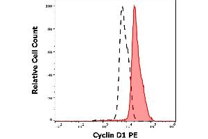 Separation of HUVEC cells stained using anti-Cyclin D1 (DCS-6) PE antibody (concentration in sample 15 μg/mL, red-filled) from HUVEC cells stained using mouse IgG2a isotype control (MOPC-173) PE antibody (concentration in sample 15 μg/mL, black-dashed) in flow cytometry analysis (intracellular staining) of HUVEC cell suspension. (Cyclin D1 antibody  (AA 1-295) (PE))