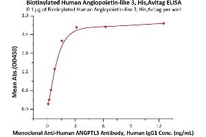 Immobilized Biotinylated Human Angiopoie 3, His,Avitag (ABIN6972943) at 1 μg/mL (100 μL/well) on Streptavidin  precoated (0. (ANGPTL3 Protein (AA 17-220) (His tag,AVI tag,Biotin))