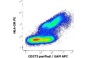 Flow cytometry multicolor surface staining pattern of human stimulated (GM-CSF + IL-4) monocytes using anti-human HLA-DR (L243) PE antibody (10 μL reagent / 100 μL of peripheral whole blood) and anti-human CD273 (24F. (PDCD1LG2 antibody)