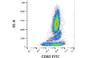 Surface staining of CD82 on human peripheral blood cells with anti-CD82 (C33) FITC.