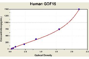 Diagramm of the ELISA kit to detect Human GDF15with the optical density on the x-axis and the concentration on the y-axis. (GDF15 ELISA Kit)