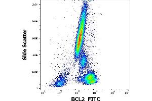 Flow cytometry intracellular staining pattern of human peripheral whole blood stained using anti-human BCL2 (Bcl-2/100) FITC antibody (4 μL reagent / 100 μL of peripheral whole blood). (Bcl-2 antibody  (AA 41-54) (FITC))