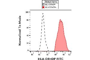 Flow cytometry analysis (surface staining) of human peripheral blood with anti-human HLA-DR+DP (MEM-136) FITC. (HLA-DP/DR antibody  (FITC))