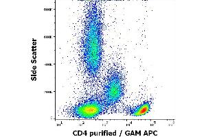 Flow cytometry surface staining pattern of human peripheral whole blood stained using anti-human CD4 (MEM-241) purified antibody (concentration in sample 1 μg/mL) GAM APC.