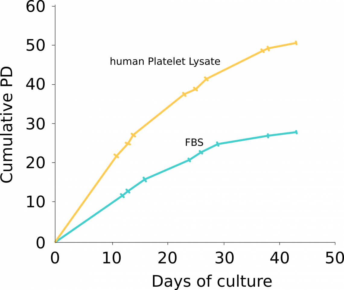 Fig 1: Cumulative population doubling of bone marrow-derived MSC was higher in human Platelet Lysate (ABIN6720614) compared to FBS.