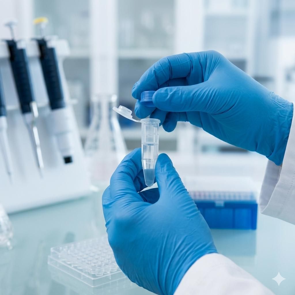 Close-up of a life science researcher wearing blue gloves opening a microcentrifuge tube containing high-purity target proteins for assay validation.